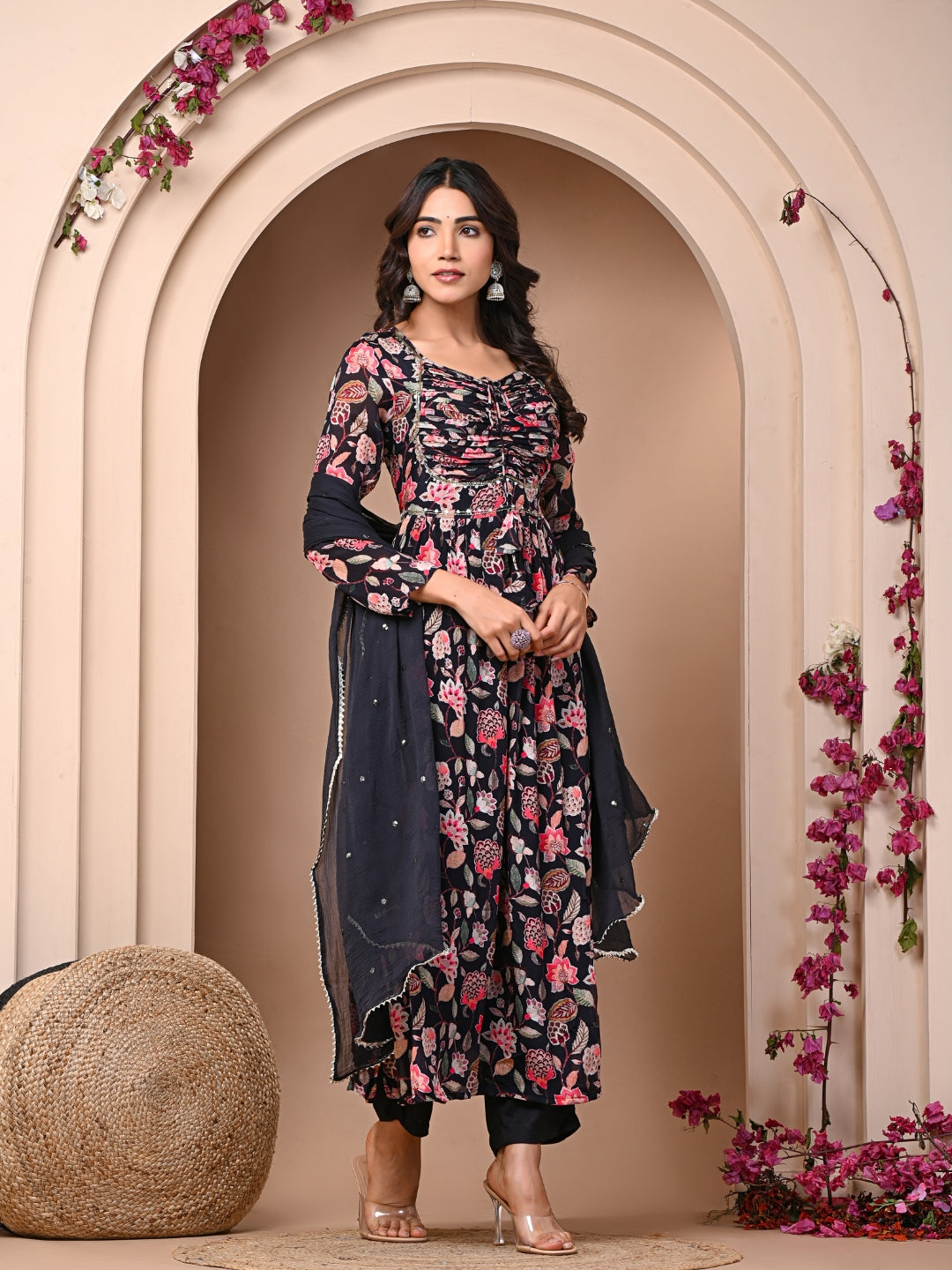 Black 3 Pc Chinnon & Shantoon Padded Suit Set