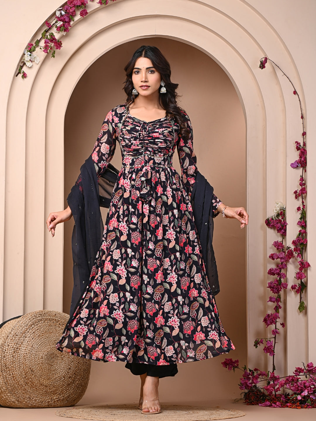 Black 3 Pc Chinnon & Shantoon Padded Suit Set