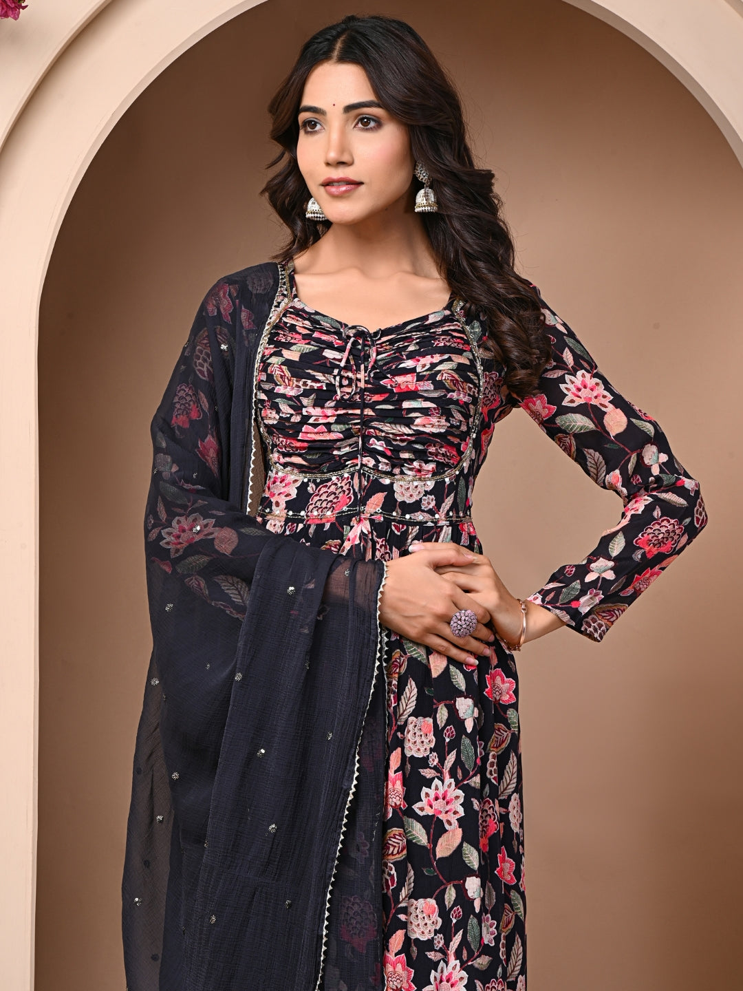 Black 3 Pc Chinnon & Shantoon Padded Suit Set