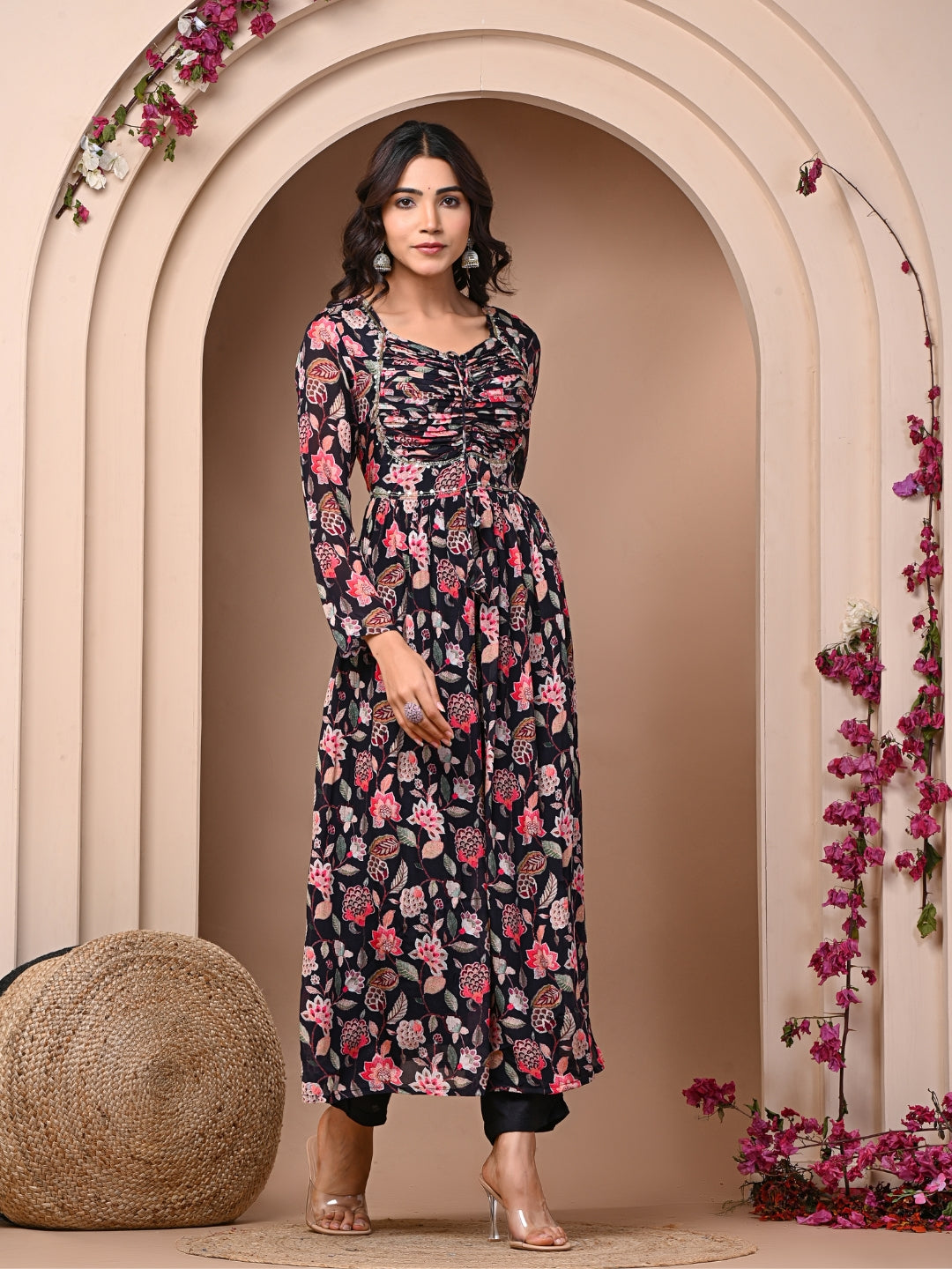Black 3 Pc Chinnon & Shantoon Padded Suit Set