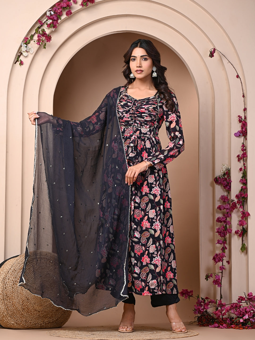 Black 3 Pc Chinnon & Shantoon Padded Suit Set