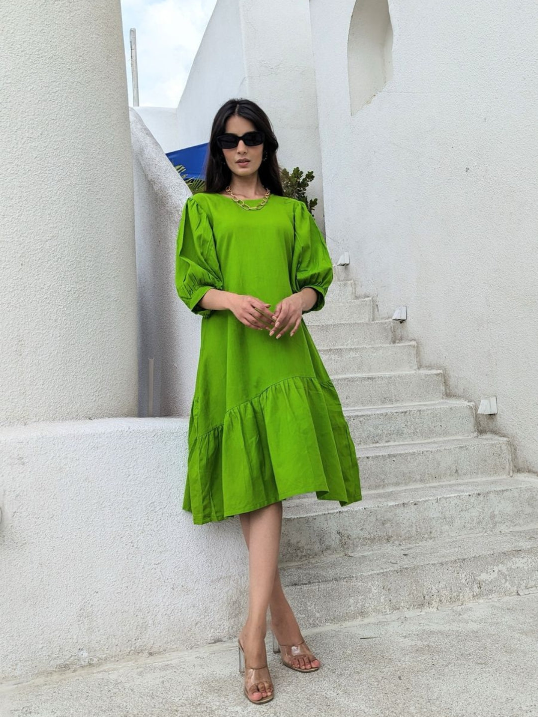 Textured Green Cotton Flex Midi Dress