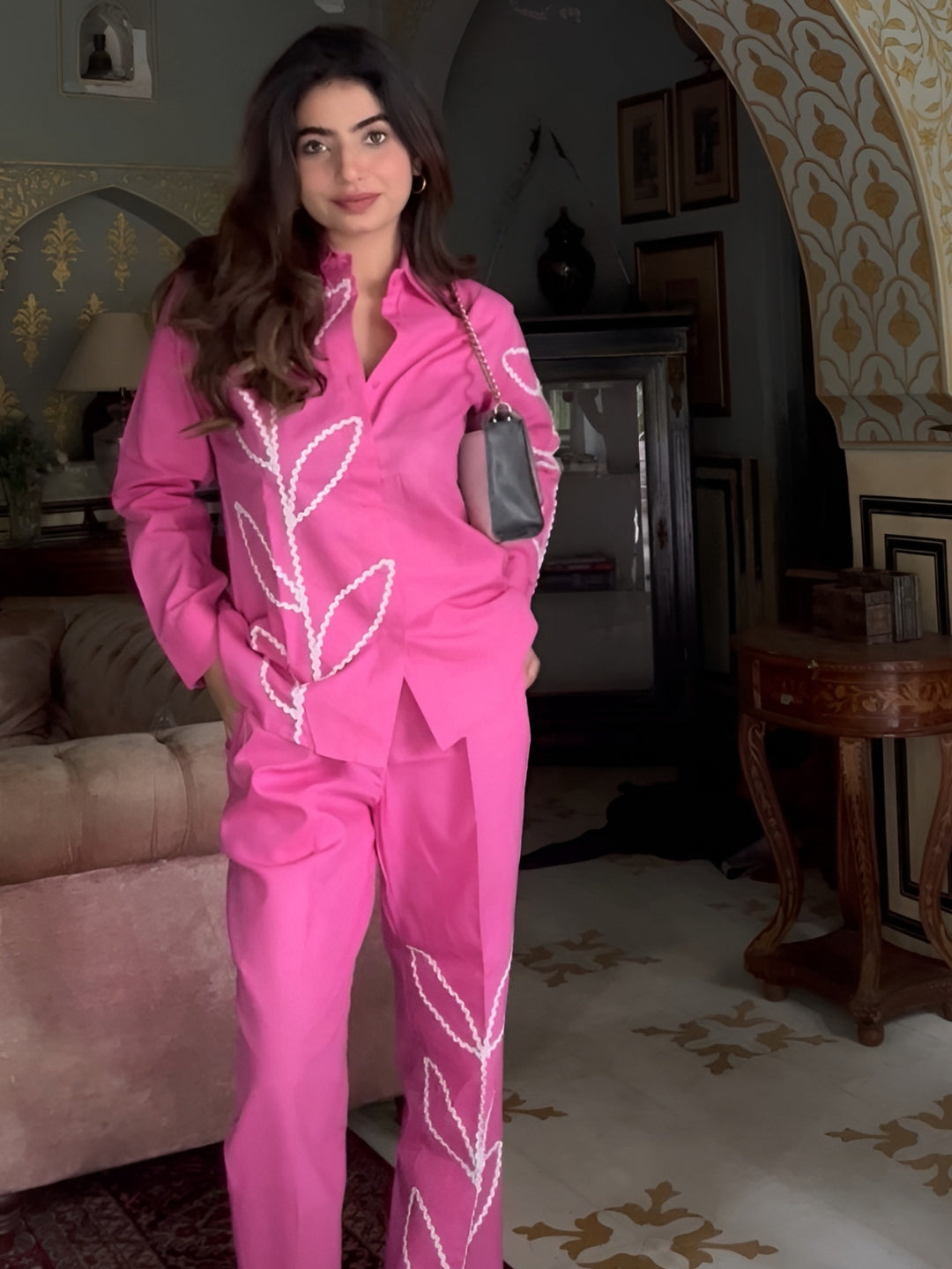 Pink Italian Cotton Co-ord Set With Lace Detailing