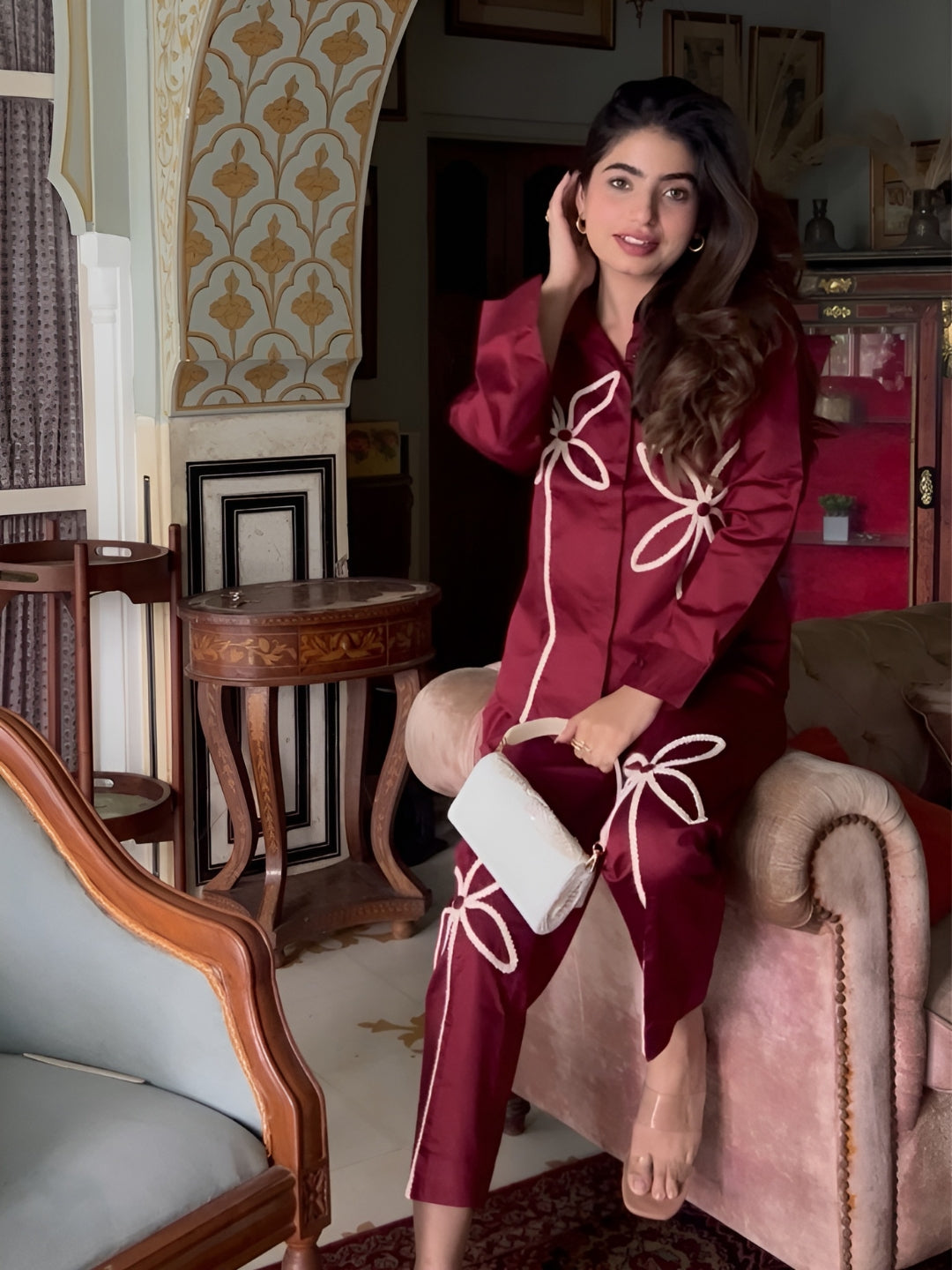 Maroon Italian Cotton Co-ord Set With Lace detaling