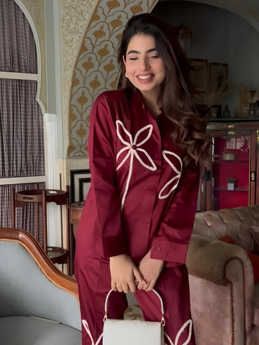 Maroon Italian Cotton Co-ord Set With Lace detaling