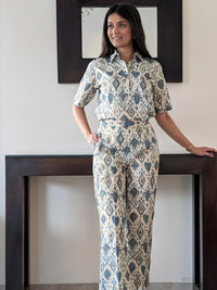 Cream Cotton Ikat Top and Pant Set