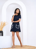 Pop Jacquard Navy Blue Dress with White Detailing