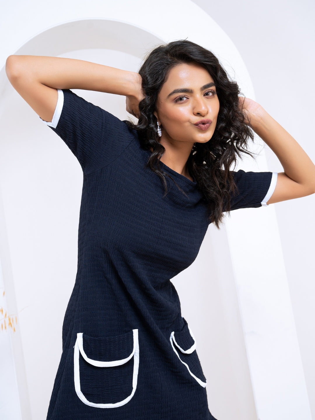 Pop Jacquard Navy Blue Dress with White Detailing