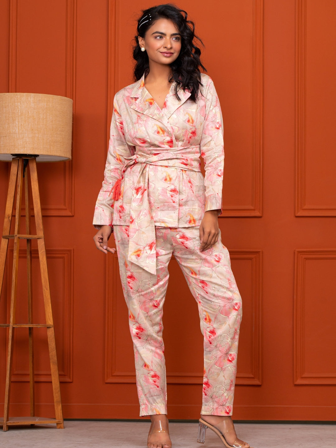 Jam Cotton Printed Peach Blazer Belt Co-ord Set