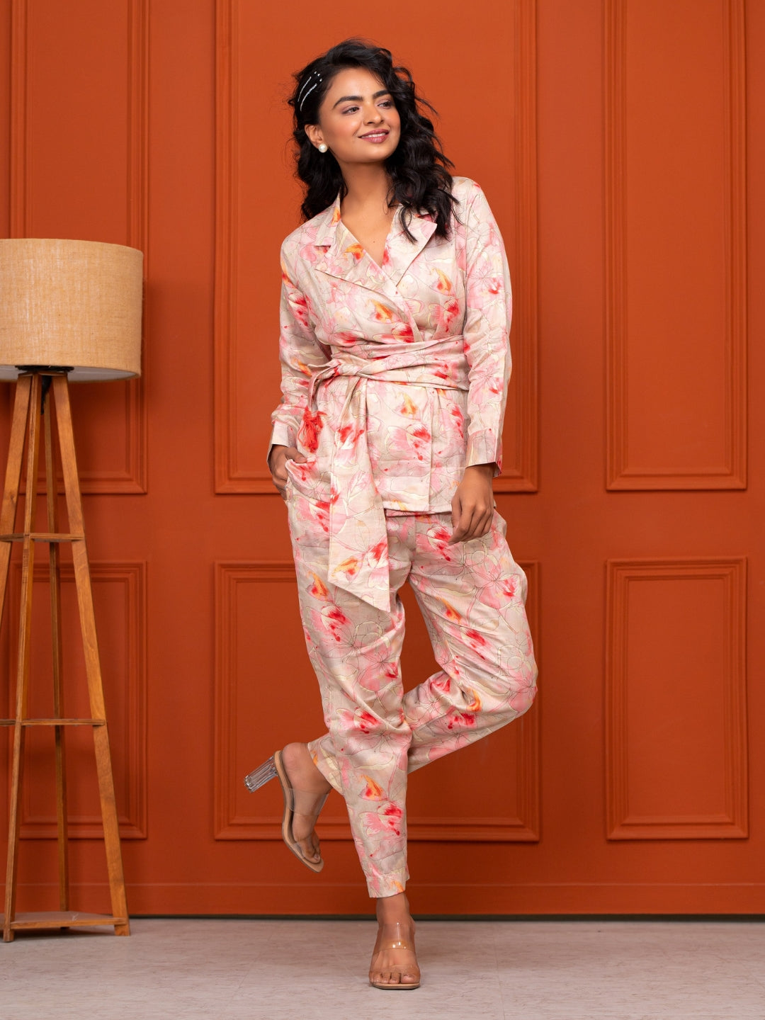 Jam Cotton Printed Peach Blazer Belt Co-ord Set