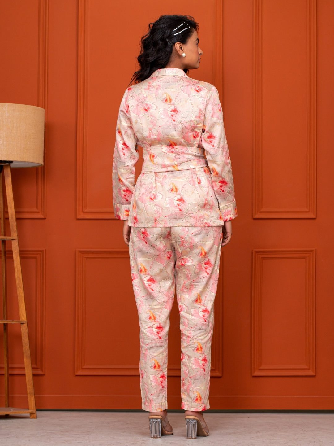 Jam Cotton Printed Peach Blazer Belt Co-ord Set