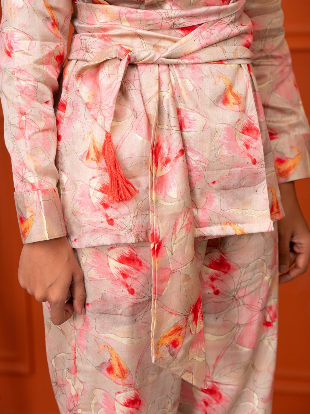 Jam Cotton Printed Peach Blazer Belt Co-ord Set