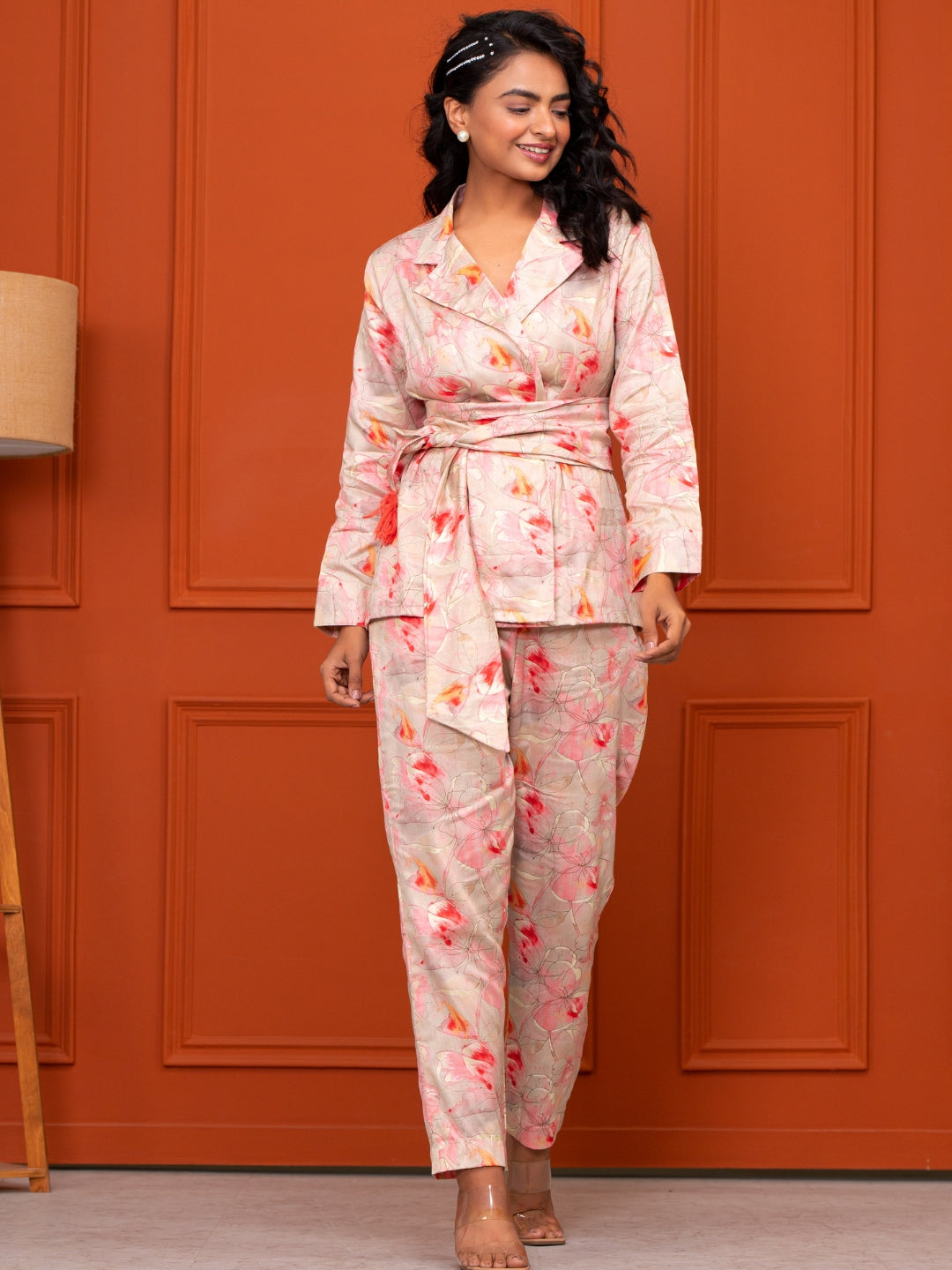 Jam Cotton Printed Peach Blazer Belt Co-ord Set