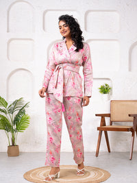 Jam Cotton Printed Pink Blazer Belt Co-ord Set