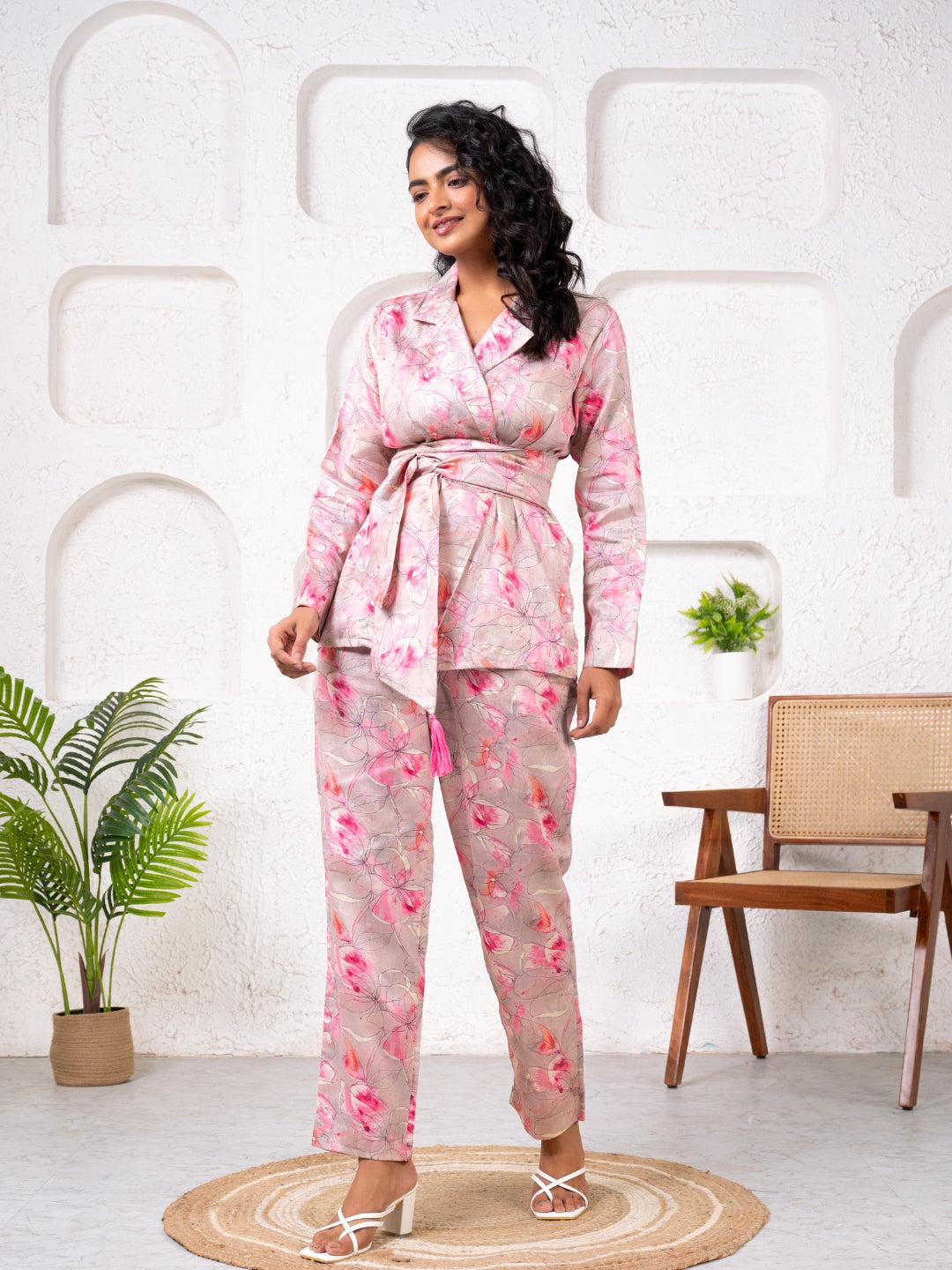 Jam Cotton Printed Pink Blazer Belt Co-ord Set