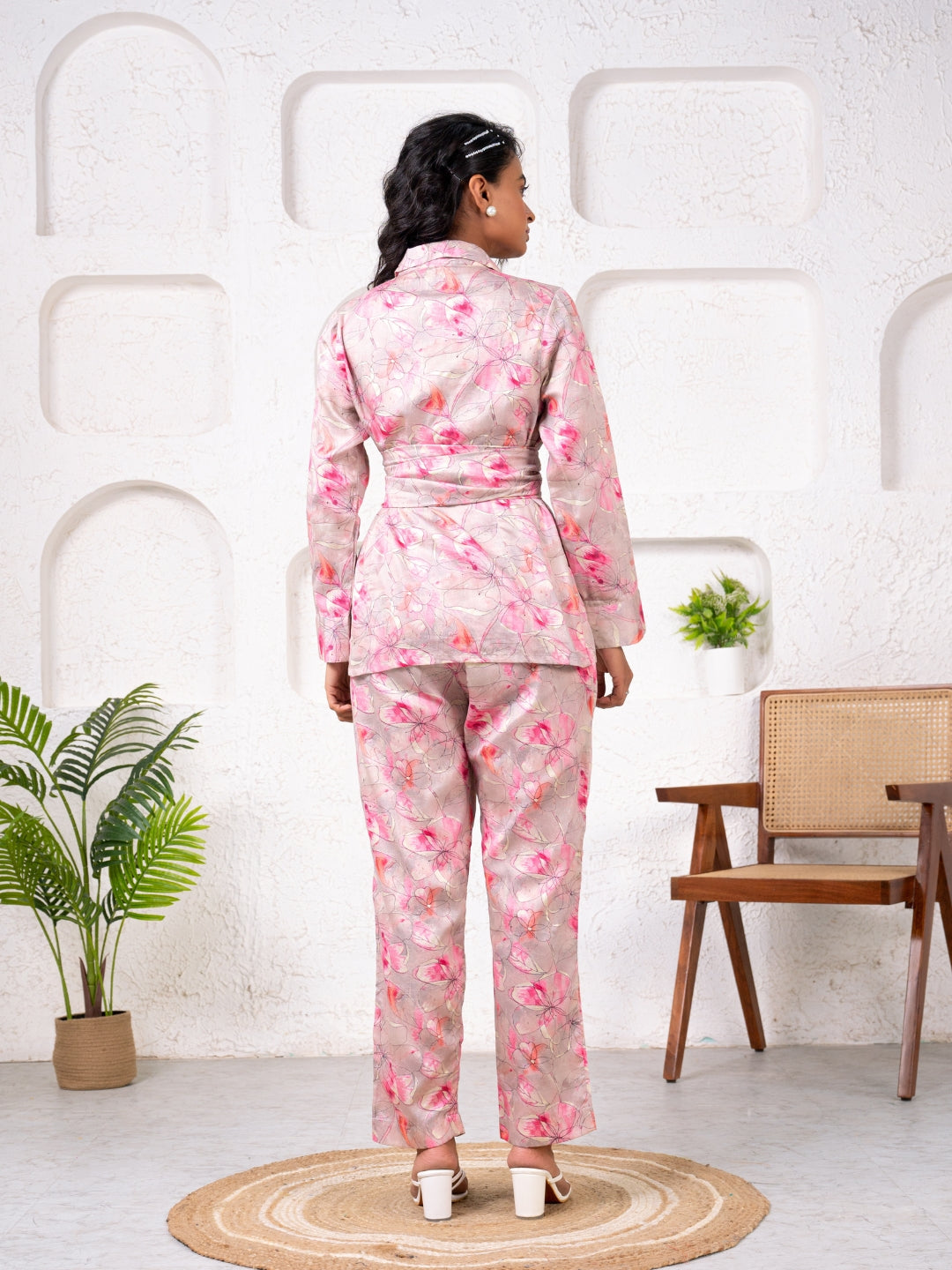 Jam Cotton Printed Pink Blazer Belt Co-ord Set