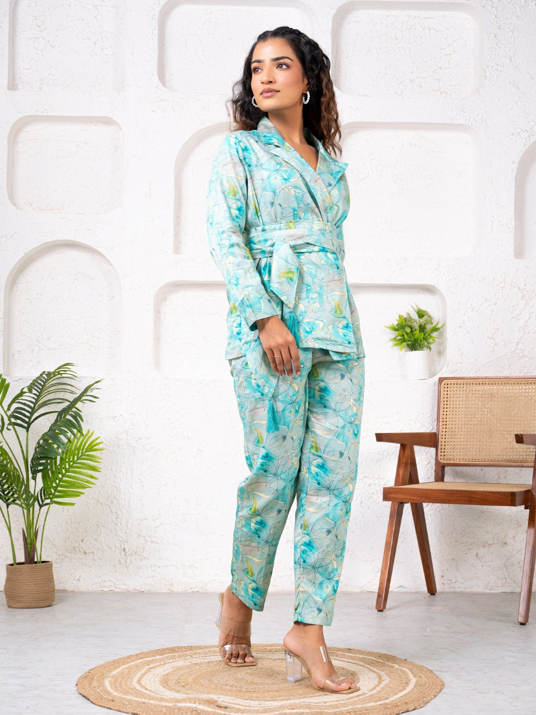 Jam Cotton Printed Blue Blazer Belt Co-ord Set