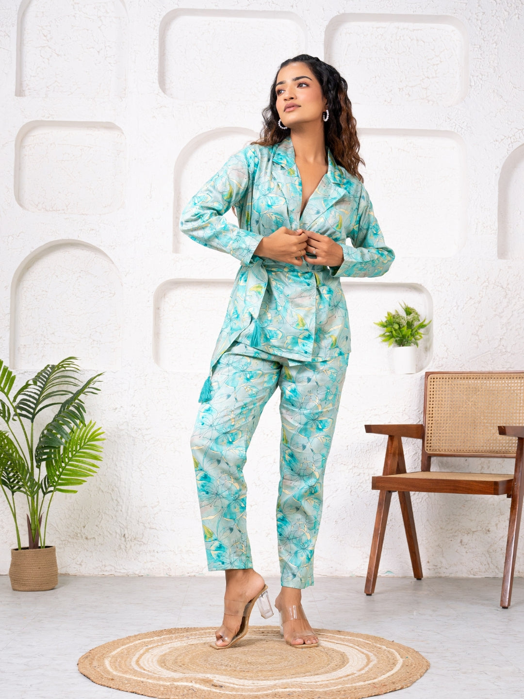 Jam Cotton Printed Blue Blazer Belt Co-ord Set