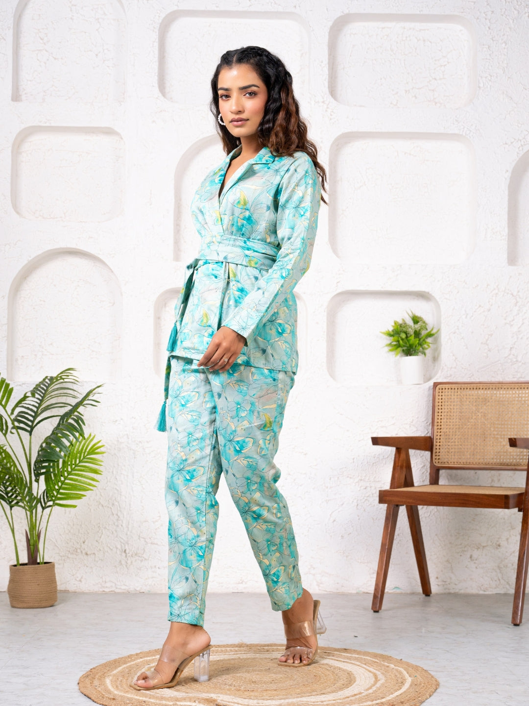 Jam Cotton Printed Blue Blazer Belt Co-ord Set