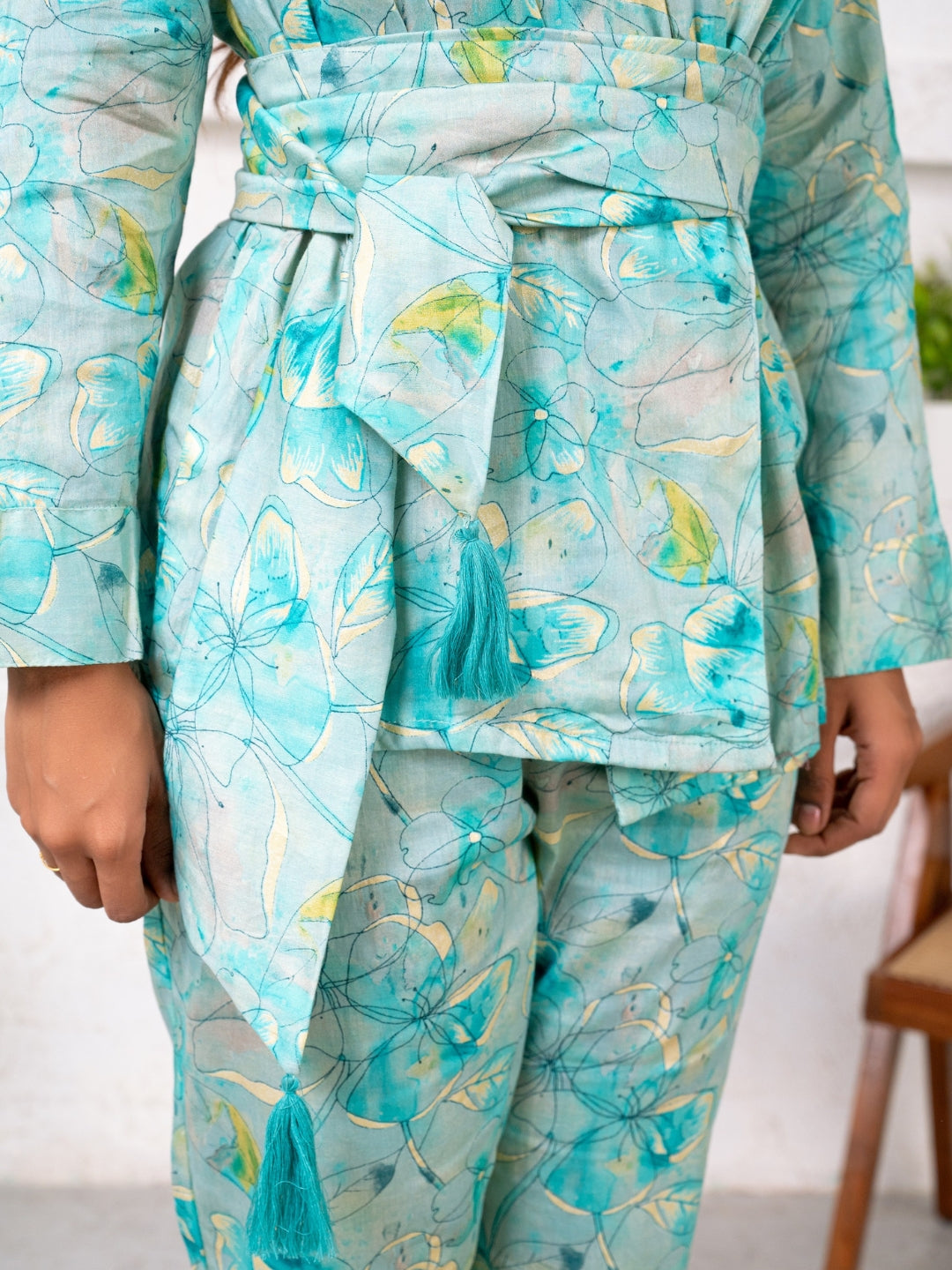 Jam Cotton Printed Blue Blazer Belt Co-ord Set