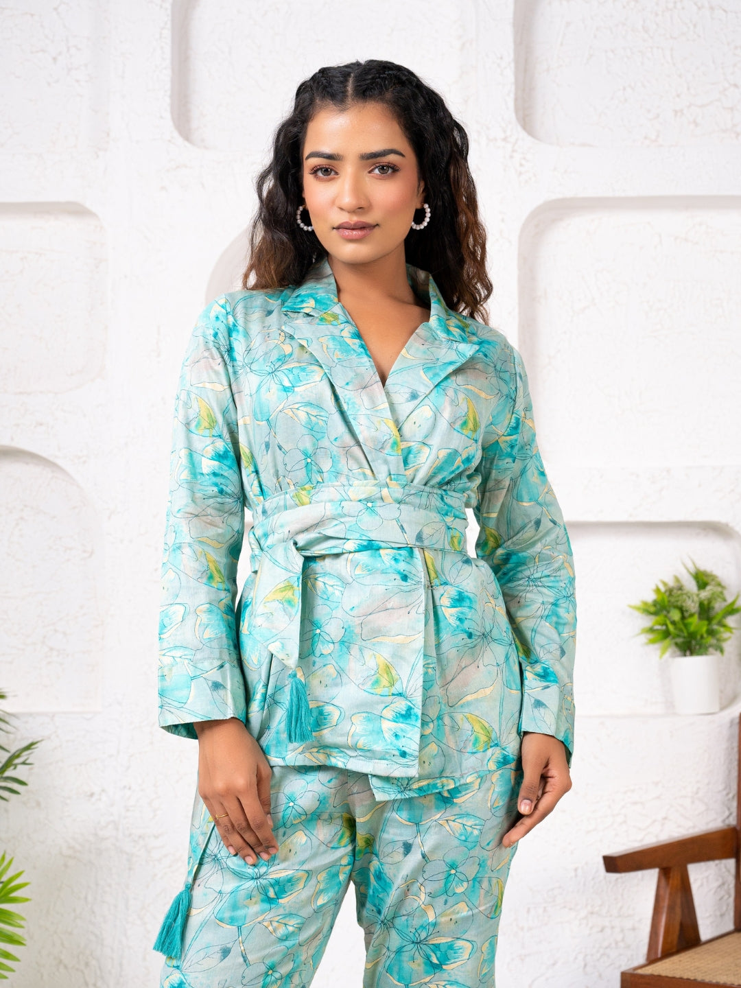 Jam Cotton Printed Blue Blazer Belt Co-ord Set