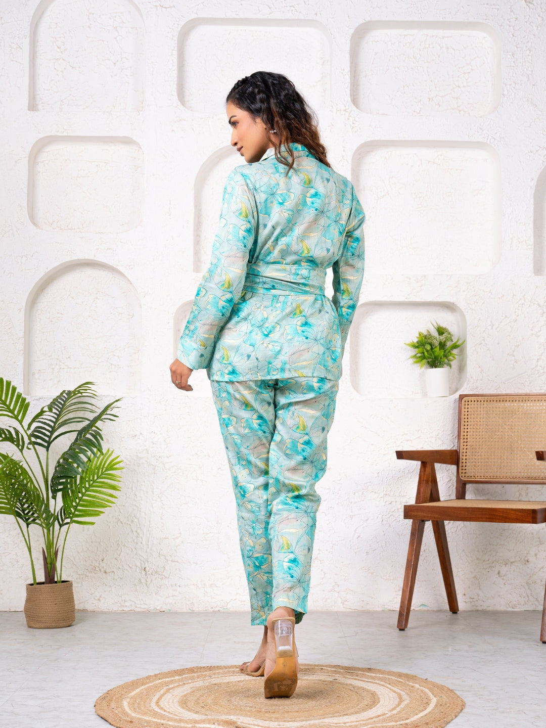 Jam Cotton Printed Blue Blazer Belt Co-ord Set