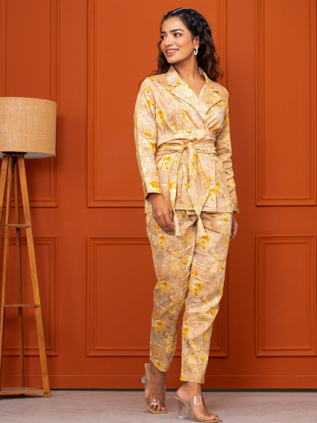 Jam Cotton Printed Yellow Blazer Belt Co-ord Set