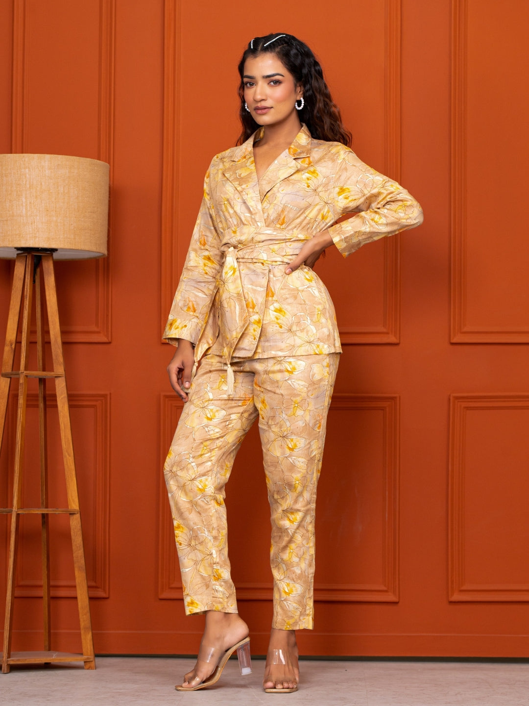 Jam Cotton Printed Yellow Blazer Belt Co-ord Set