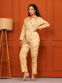 Jam Cotton Printed Yellow Blazer Belt Co-ord Set