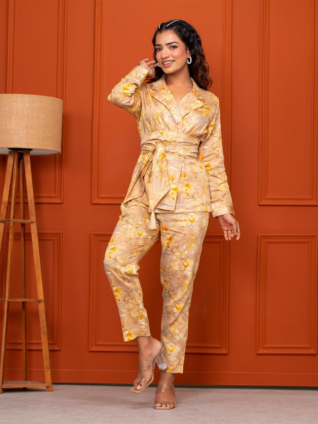 Jam Cotton Printed Yellow Blazer Belt Co-ord Set