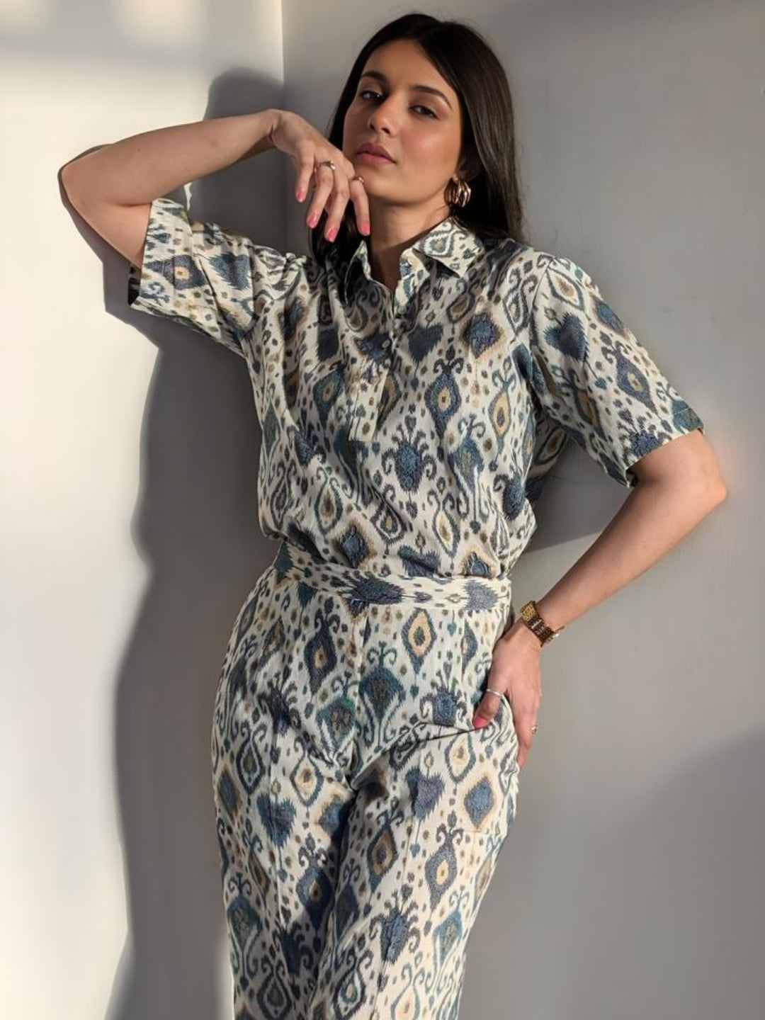 Cream Cotton Ikat Top and Pant Set