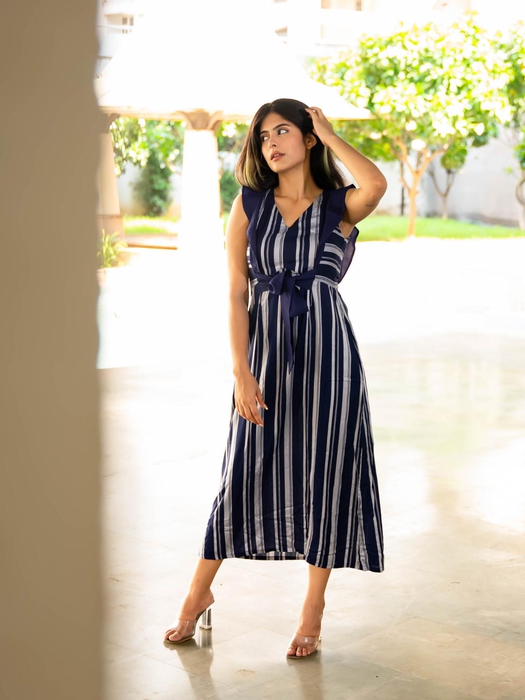 Blue Stripes Printed Long Dress