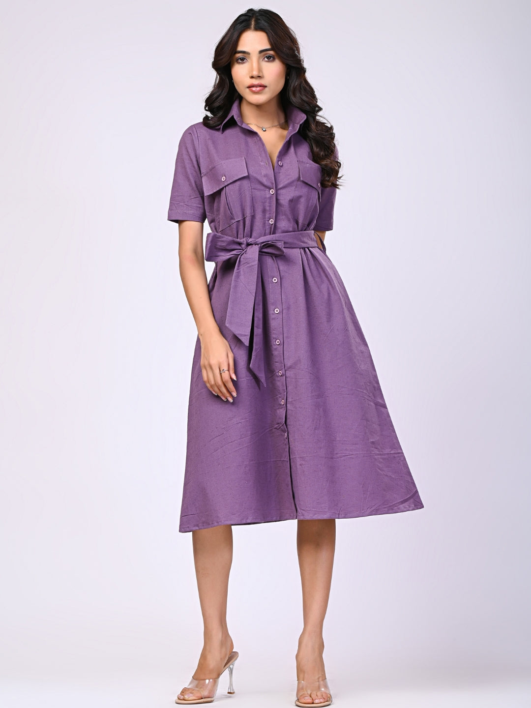 Cotton Linen Purple Midi Dress