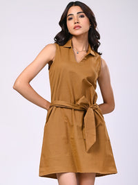 Cotton Linen Brown Short Dress with Belt