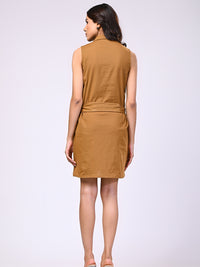 Cotton Linen Brown Short Dress with Belt