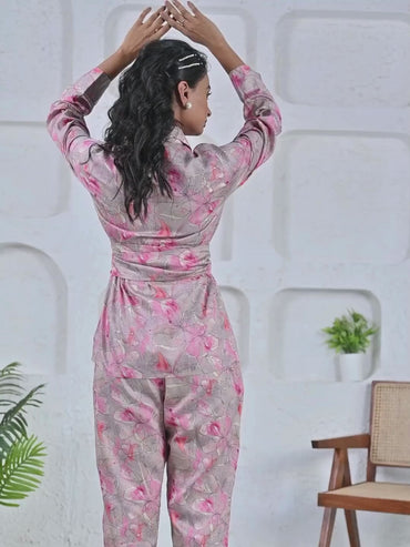 Jam Cotton Printed Pink Blazer Belt Co-ord Set