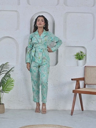 Jam Cotton Printed Blue Blazer Belt Co-ord Set