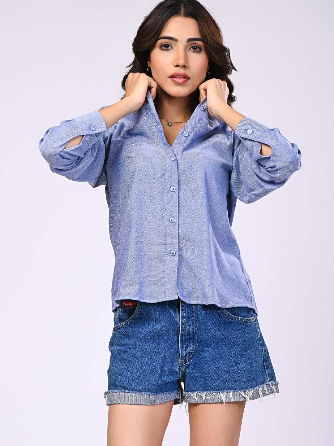 Blue Soft Denim Rhinestone Detailing Shirt