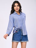 Blue Soft Denim Rhinestone Detailing Shirt