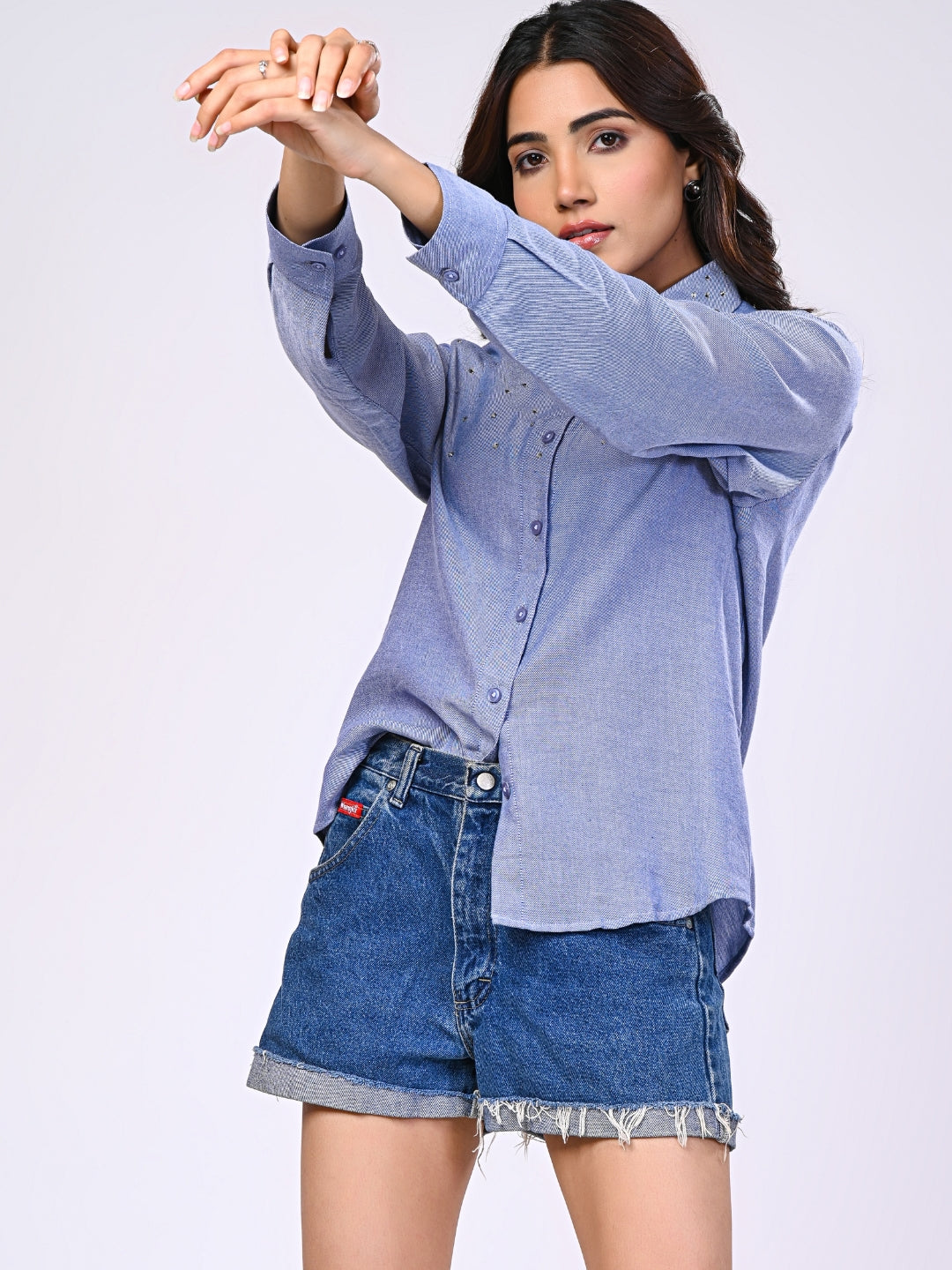 Blue Soft Denim Rhinestone Detailing Shirt