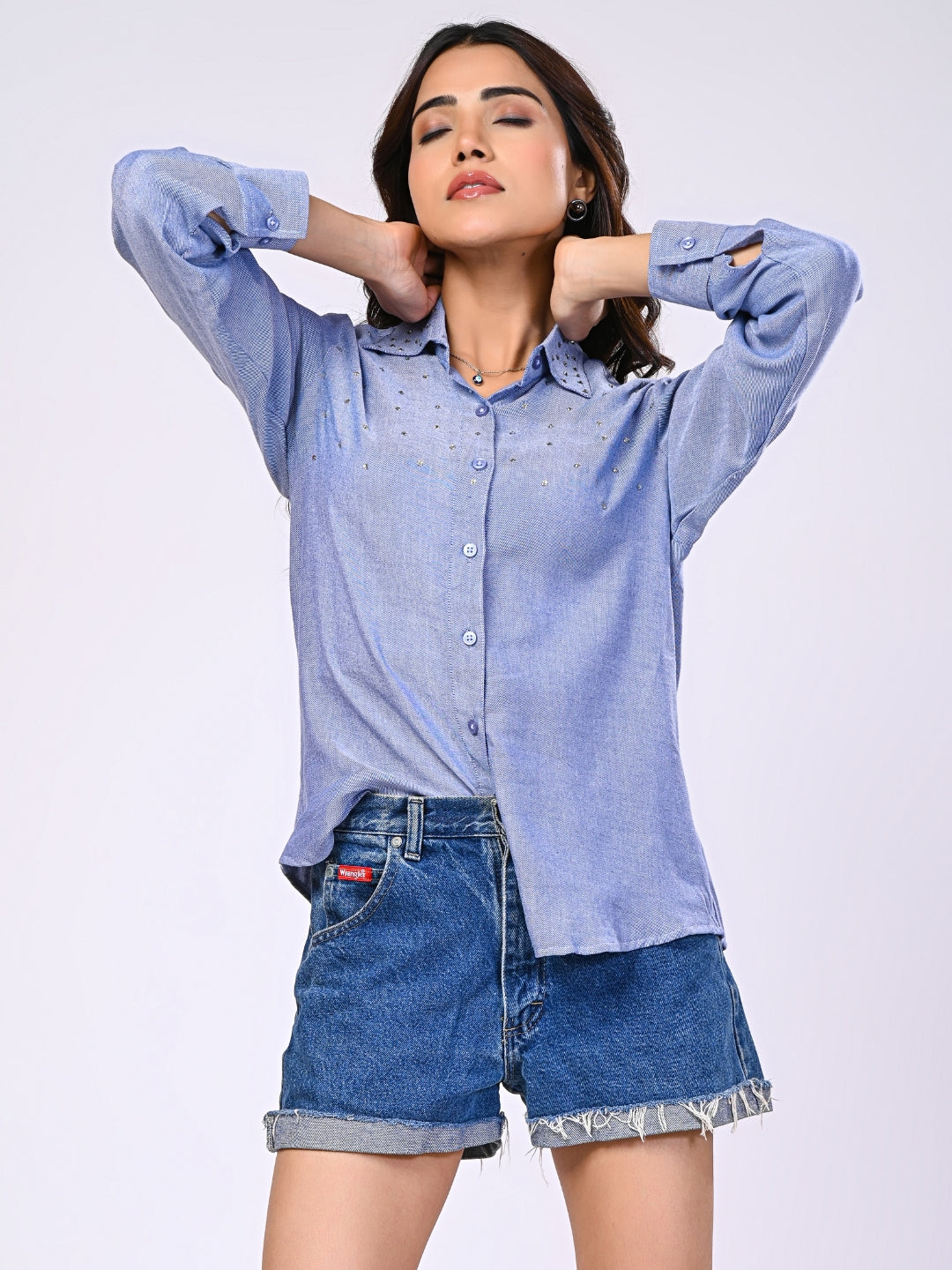 Blue Soft Denim Rhinestone Detailing Shirt