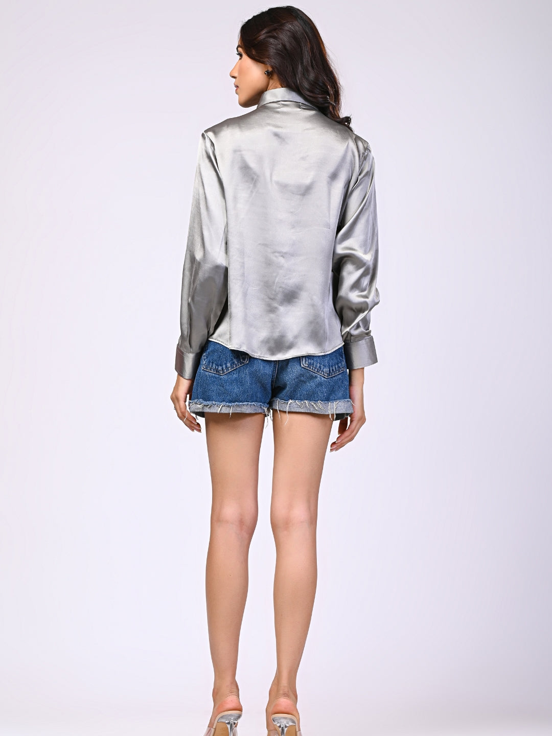 Silver Satin Rhinestone Detailing Shirt