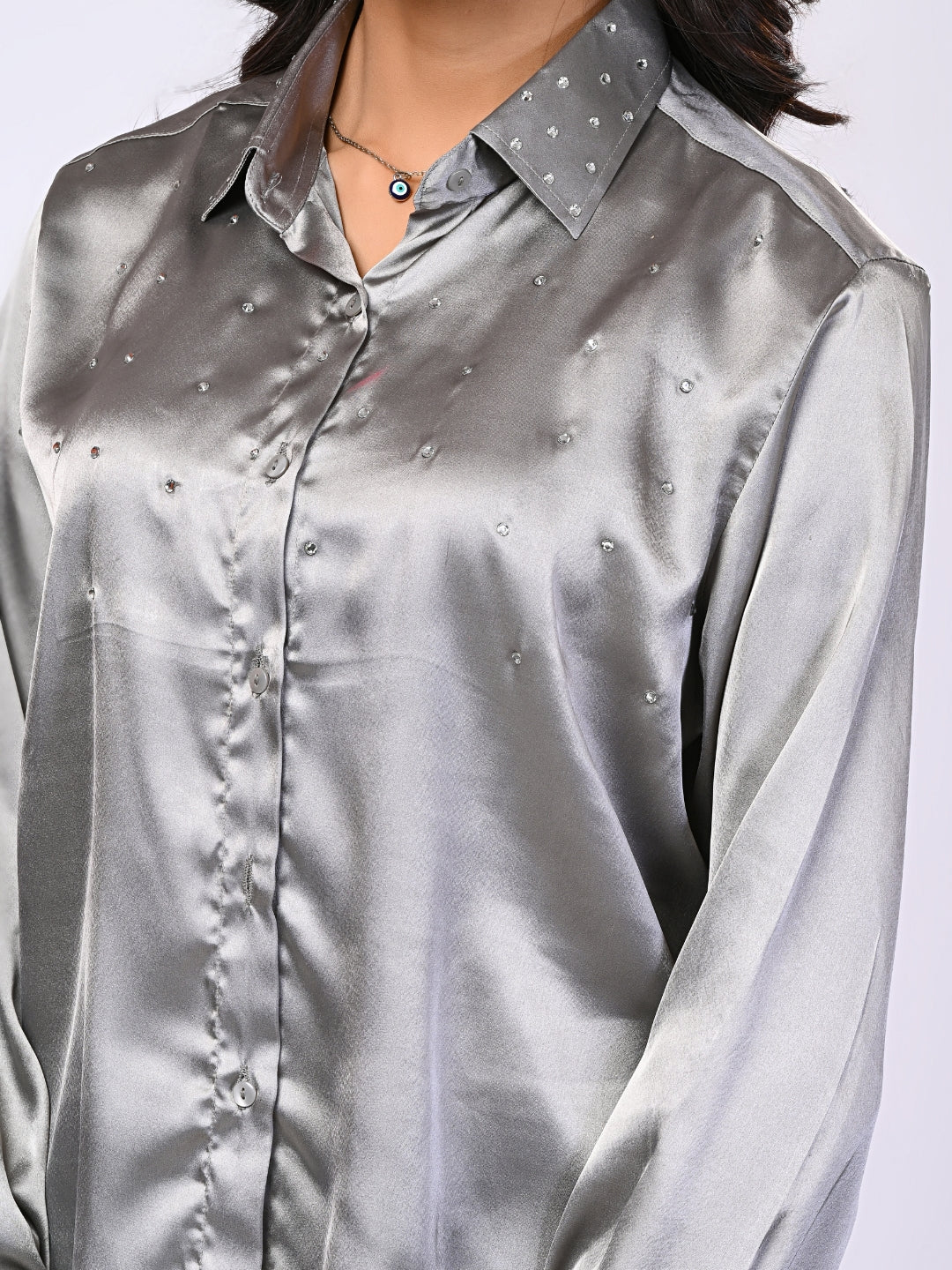 Silver Satin Rhinestone Detailing Shirt