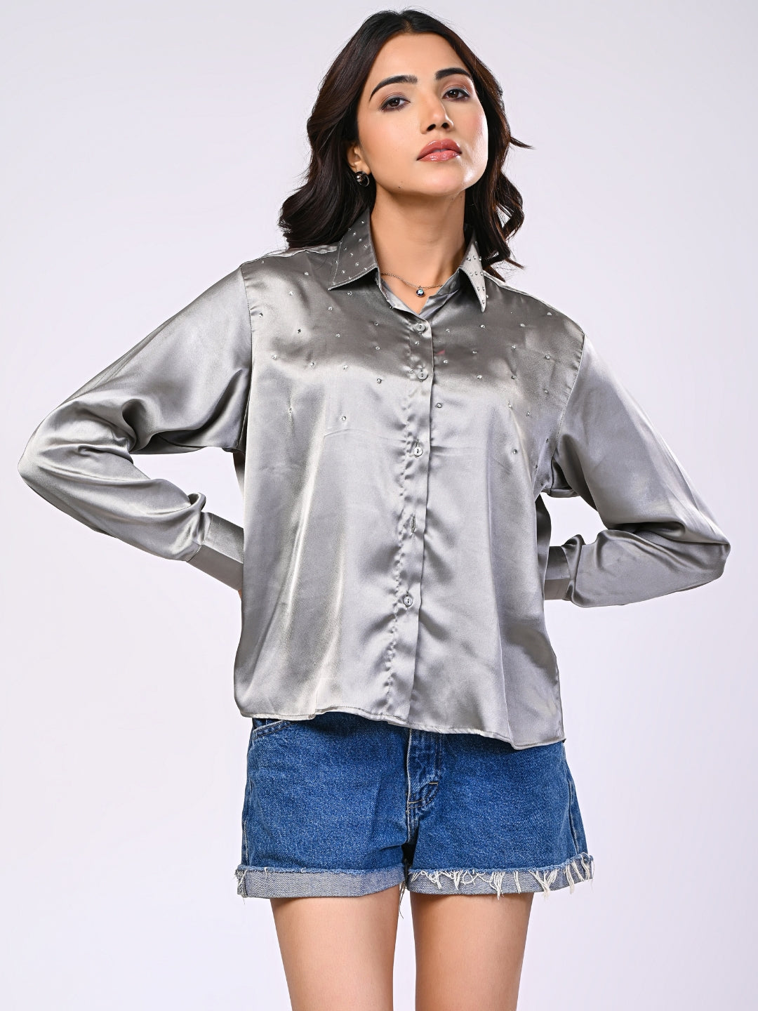 Silver Satin Rhinestone Detailing Shirt