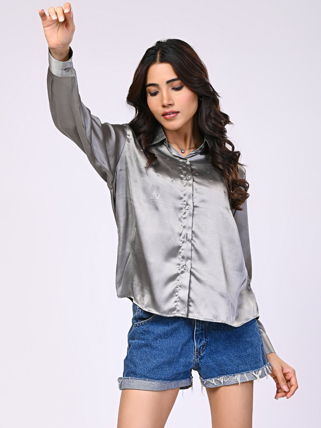 Silver Satin Rhinestone Detailing Shirt