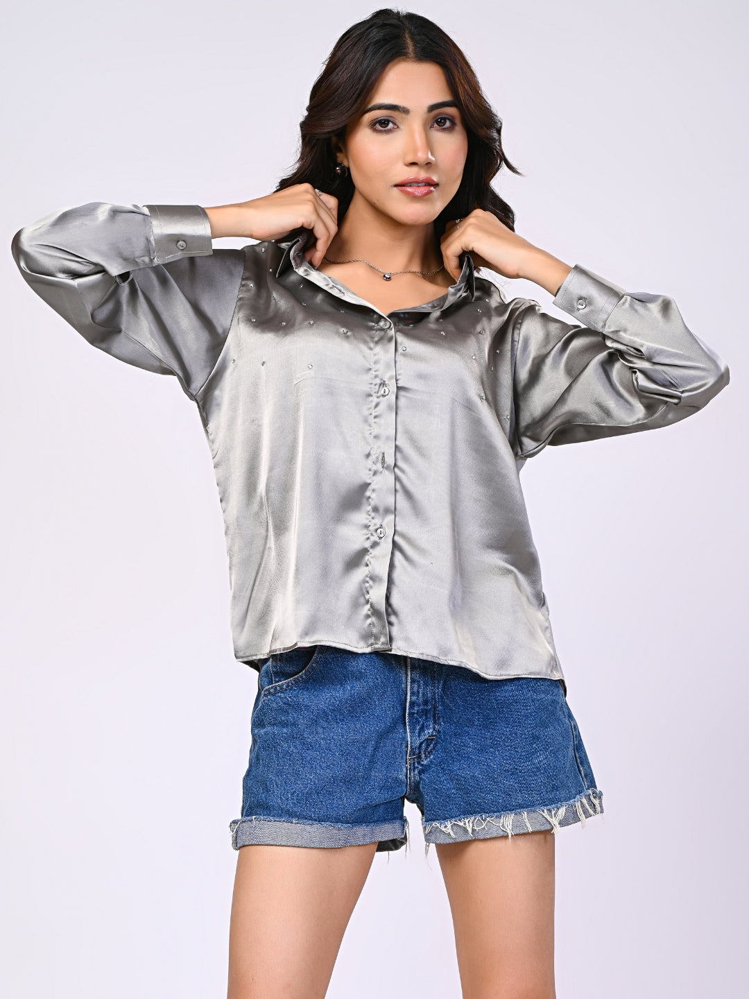 Silver Satin Rhinestone Detailing Shirt