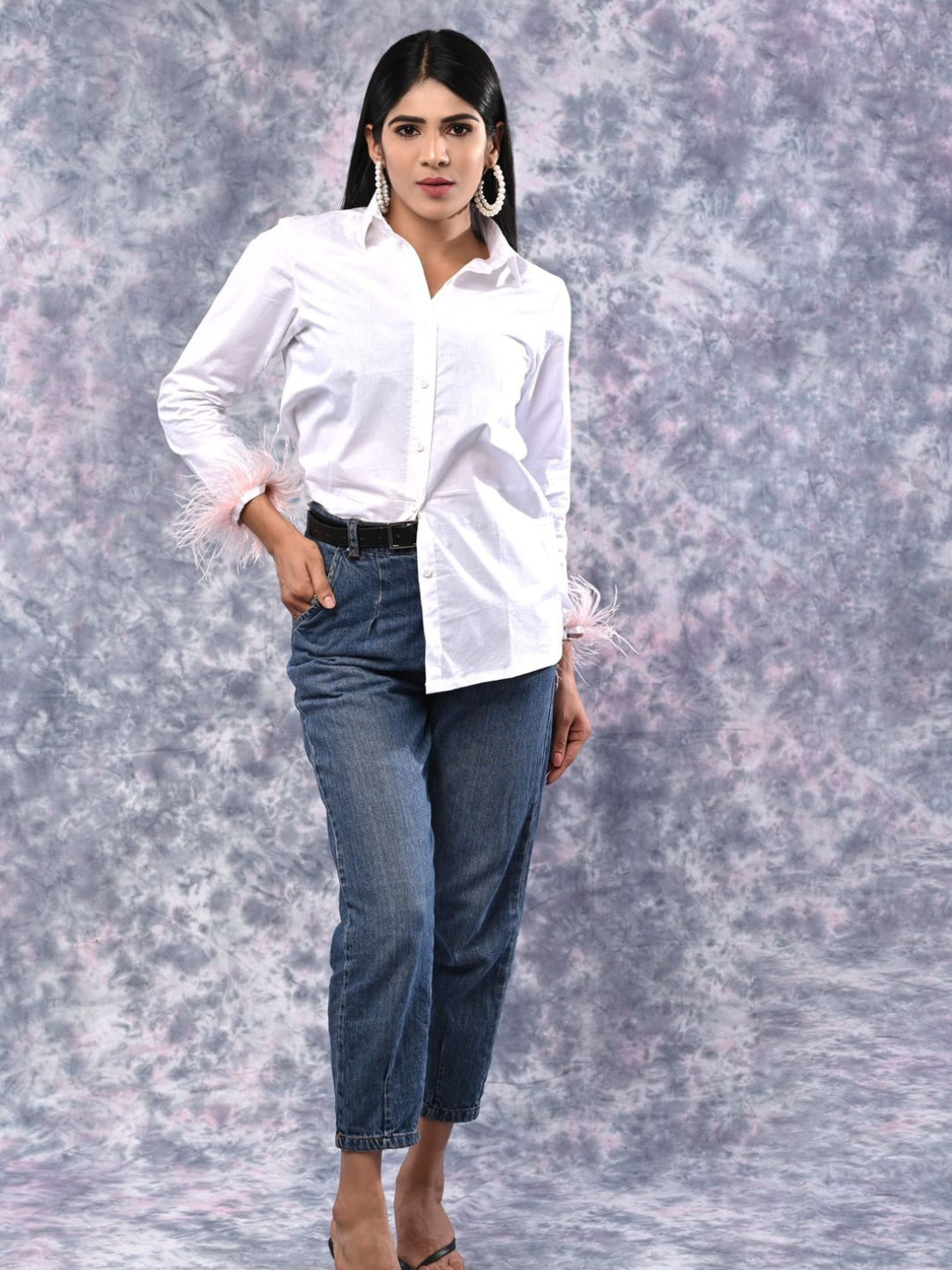 White Poplin Shirt with Feather Detailing