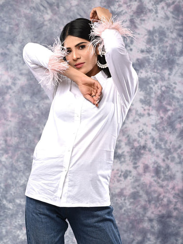 White Poplin Shirt with Feather Detailing