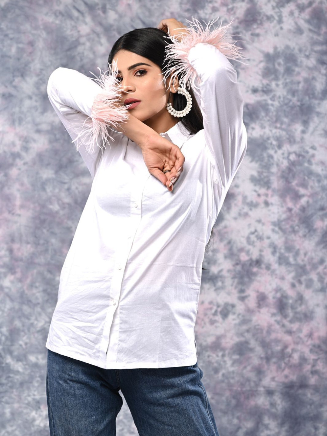 White Poplin Shirt with Feather Detailing