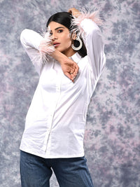 White Poplin Shirt with Feather Detailing